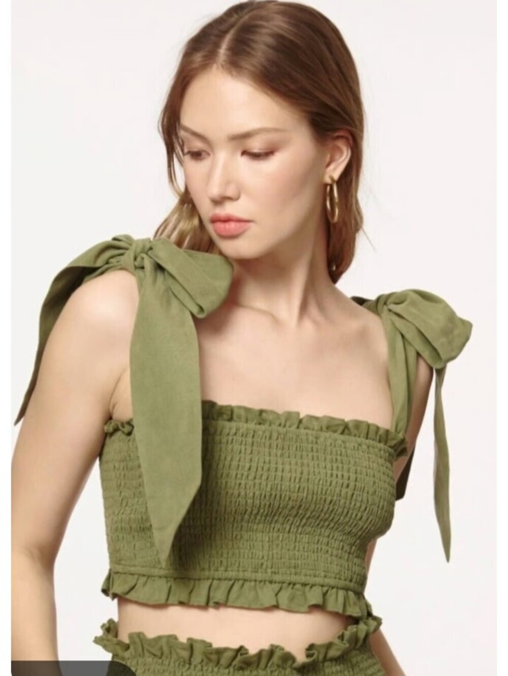 CAMI NYC dark green linen blend shirred crop top sz XS